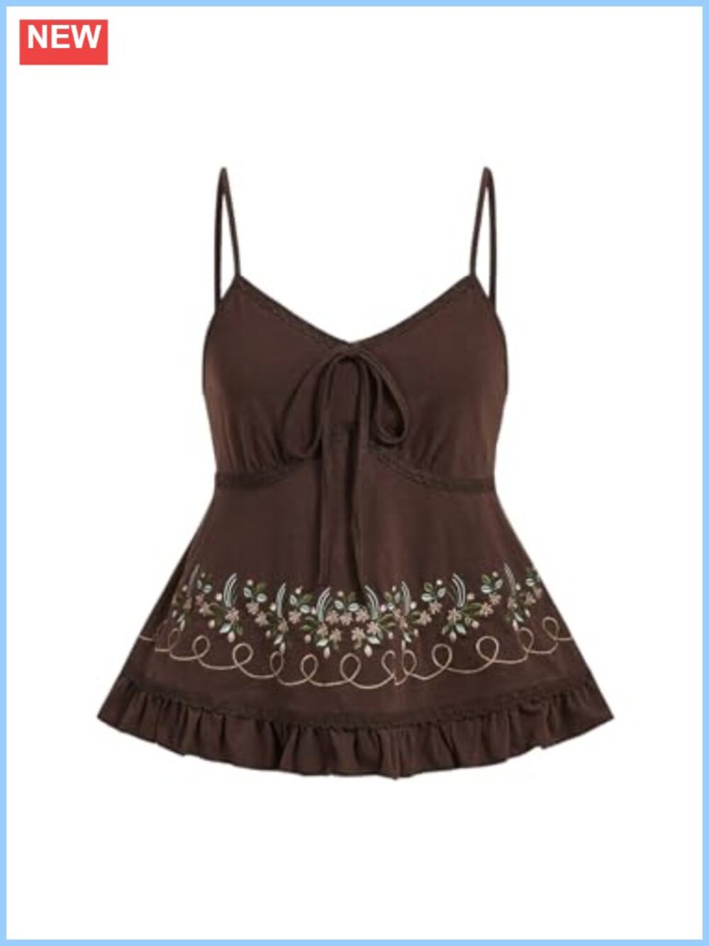 Women's Floral Embroidery Tie Front Ruffle Hem Cami Top